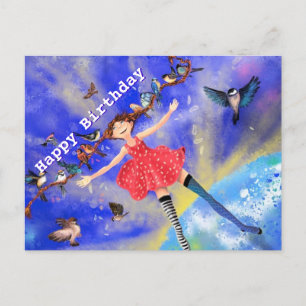 Happy Girl with Birds Birthday Card Postkarte
