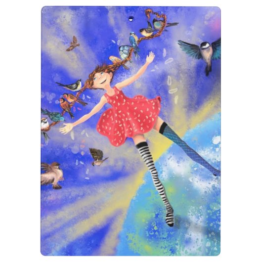 Happy Girl with Birds - Happines - Joy Klemmbrett (Rückseite)