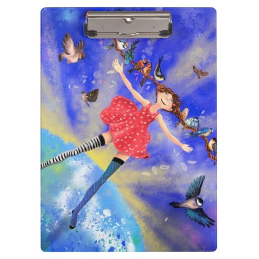 Happy Girl with Birds - Happines - Joy Klemmbrett (Vorderseite)