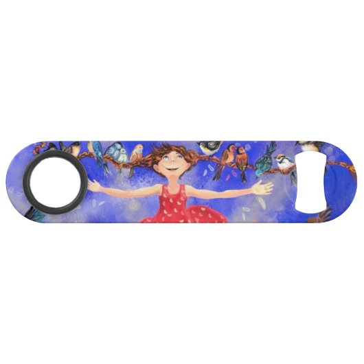 Happy Girl with Birds - Happines Speed Flaschenöffner (Vorderseite (Horizontal))