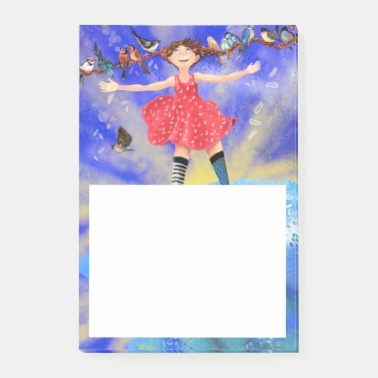 Happy Girl with Birds - Joy - Fun Post-it Klebezettel (Vorderseite)