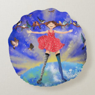 Happy Girl with Birds - Joy - Fun Rundes Kissen