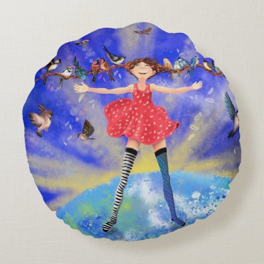Happy Girl with Birds - Joy - Fun Rundes Kissen (Rückseite)