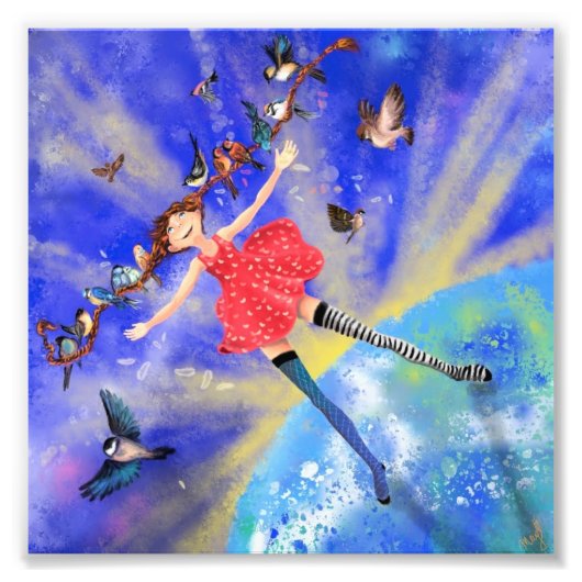 Happy Girl with Birds Poaster Print Fotodruck (Vorne)