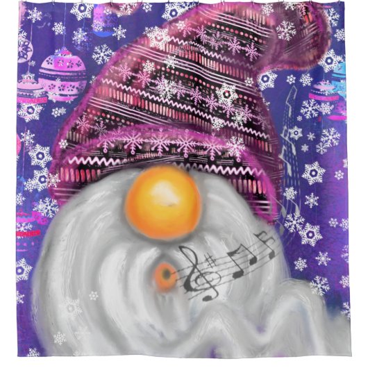 Happy Gnome in Lila Hut Singt ein Weihnachtslied Duschvorhang (Vorderseite)
