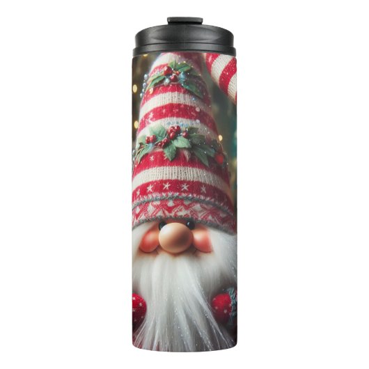 Happy Gnome mit gestreiftem Hut Thermosbecher (Vorderseite)