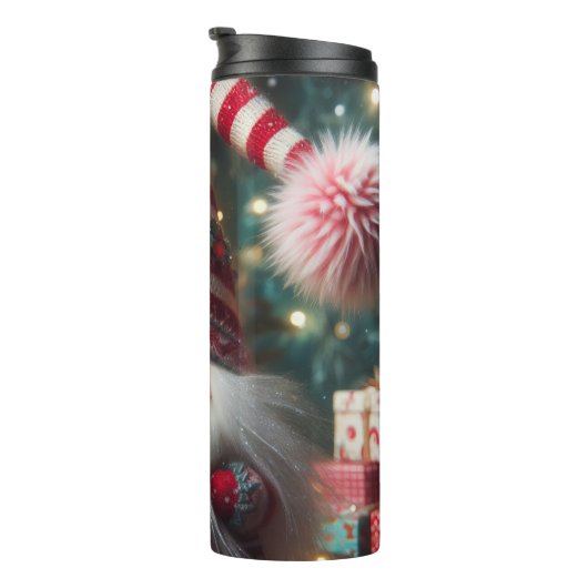 Happy Gnome mit gestreiftem Hut Thermosbecher (Nach rechts gedreht)