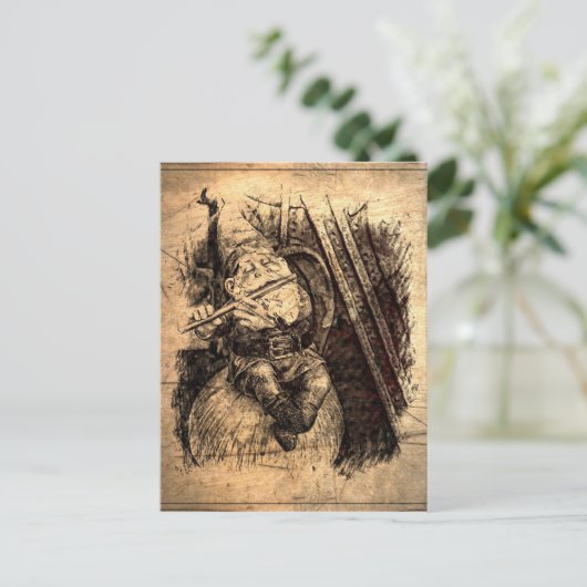 Happy Gnome sitzt auf einem Pilz und spielt eine F Postkarte (Stehend Vorderseite)