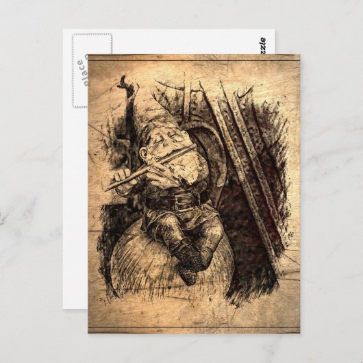 Happy Gnome sitzt auf einem Pilz und spielt eine F Postkarte (Vorne/Hinten)