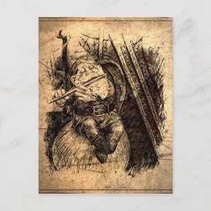 Happy Gnome sitzt auf einem Pilz und spielt eine F Postkarte