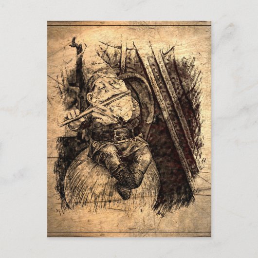 Happy Gnome sitzt auf einem Pilz und spielt eine F Postkarte (Vorderseite)