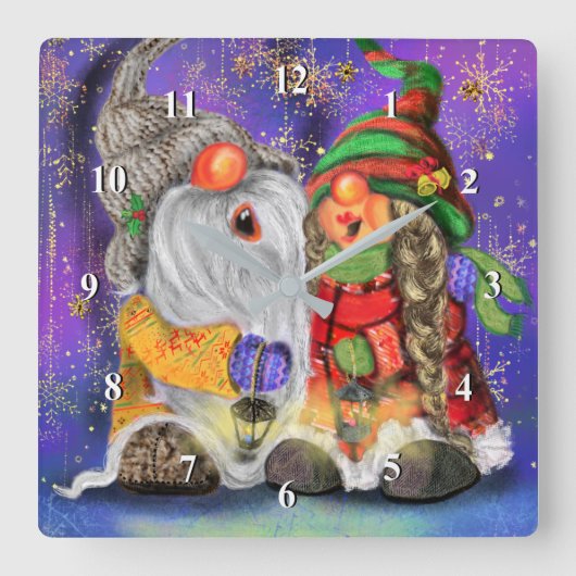 Happy Gnomes Funny Christmas Clock Quadratische Wanduhr (Vorderseite)