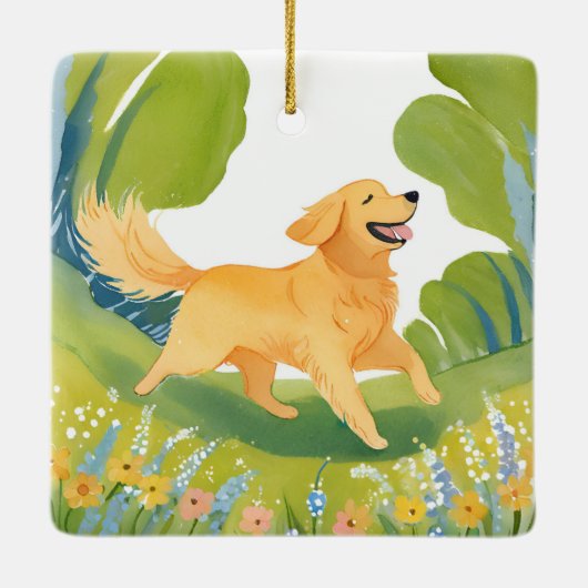Happy Golden Retriever | Dog Watercolor Keramikornament (Rückseite)