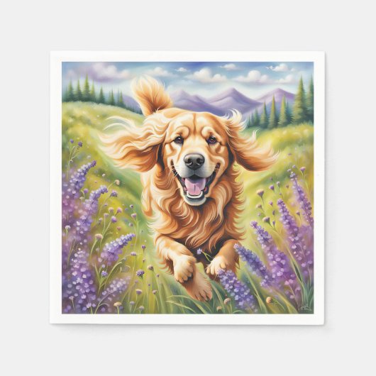 Happy Golden Retriever in Lavender Field Serviette (Vorderseite)