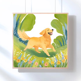 Happy Golden Retriever | Light Watercolor Painting Poster