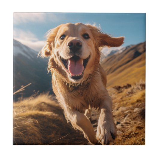 Happy Golden Retriever Running Fliese (Vorderseite)