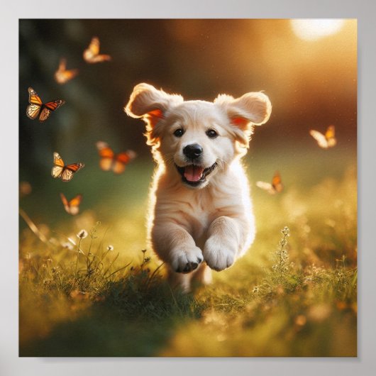 Happy Golden Retriever Welpe Morgenlicht Poster (Vorne)