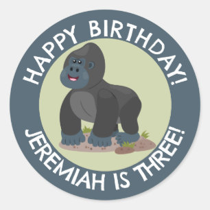 Happy Gorilla personalisierter Cartoon Geburtstag Runder Aufkleber