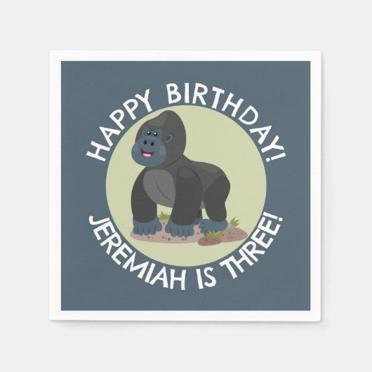 Happy Gorilla personalisierter Cartoon Geburtstag Serviette (Vorderseite)