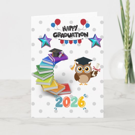 Happy Graduation 2026 - Cute Owl & Books Karte (Vorderseite)