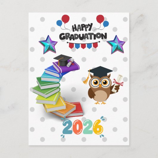 Happy Graduation 2026 - Cute Owl & Books  Postkarte (Vorderseite)