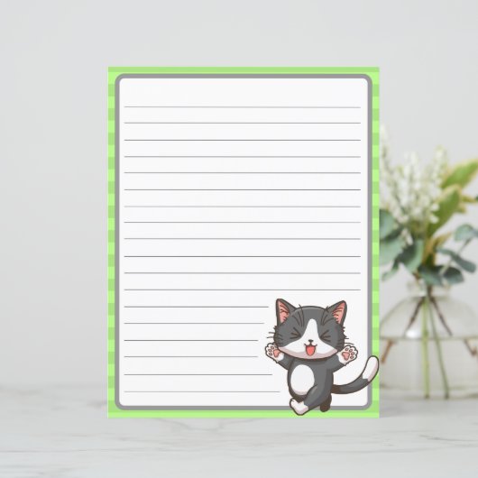 Happy graue Katze auf gesäumtem Papier mit grüner  (Stehend Vorderseite)