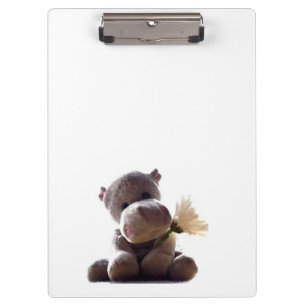 Happy Gray Hippo Holding Daisy, Niedliche Liebe Fo Klemmbrett