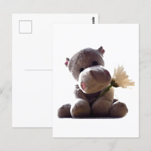 Happy Gray Hippo Holding Daisy, Niedliche Liebe Fo Postkarte