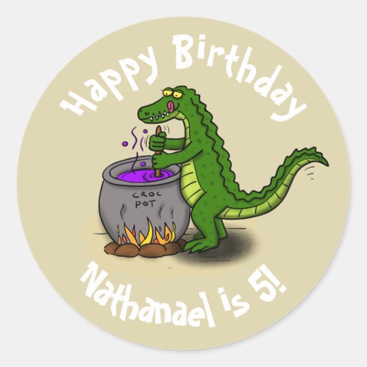 Happy Green Alligator Kochen Cartoon Runder Aufkleber (Vorderseite)