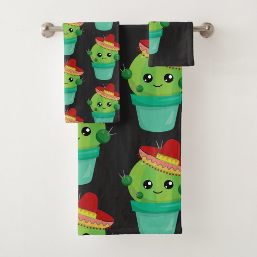 Happy Green Cactus in a Red Sombrero Pattern Badhandtuch Set (Insitu)