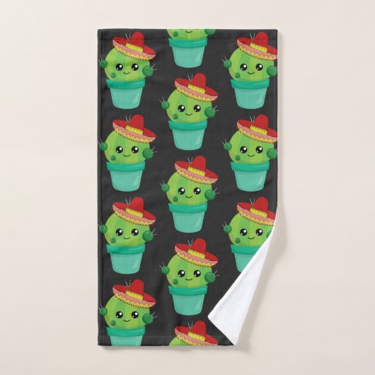 Happy Green Cactus in a Red Sombrero Pattern Badhandtuch Set (Handtuch)