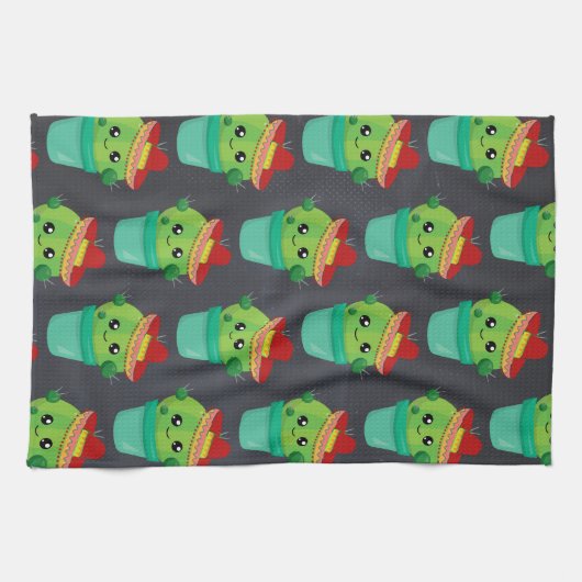 Happy Green Cactus in a Red Sombrero Pattern Geschirrtuch (Horizontal)