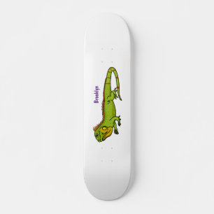 Happy Green iguana Cartoon Illustration Skateboard
