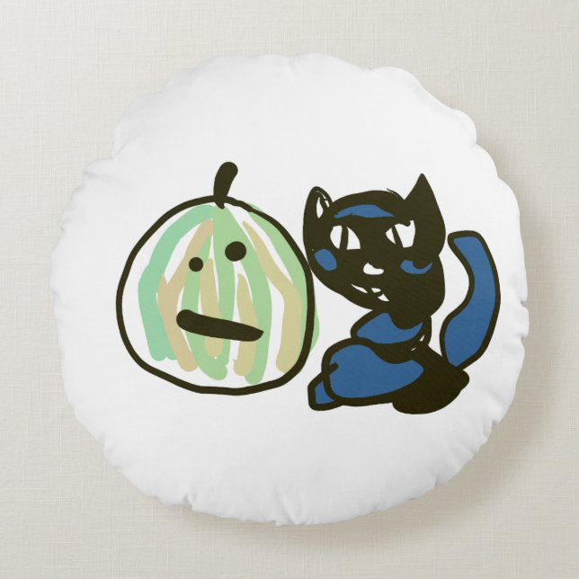 Happy Green Jack o Lantern Black Cat  Rundes Kissen (Vorderseite)