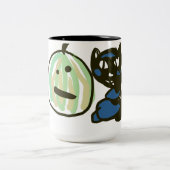 Happy Green Jack o Lantern Black Cat Zweifarbige Tasse (Mittel)