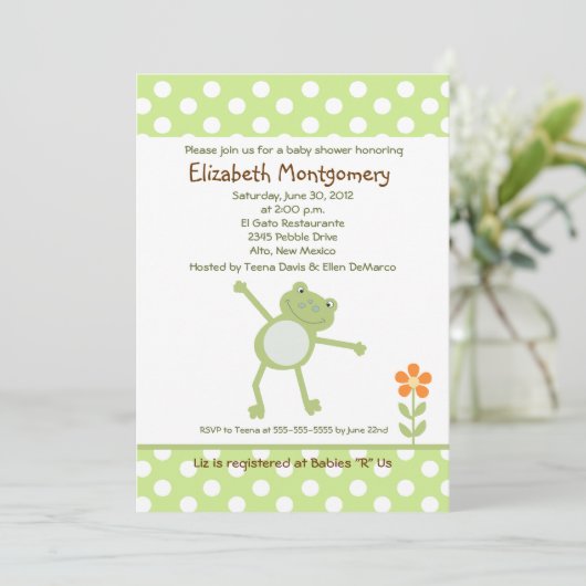 Happy Green Leap Frog Baby Shower Einladungen (Stehend Vorderseite)