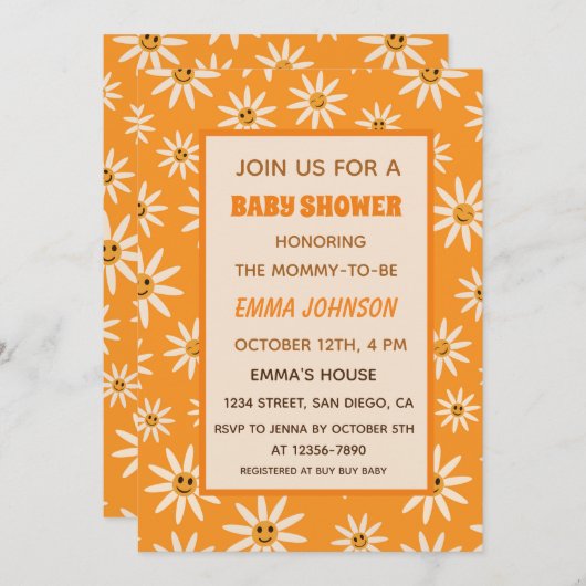 Happy Groovy Retro White Daisies Einladung (Vorne/Hinten)