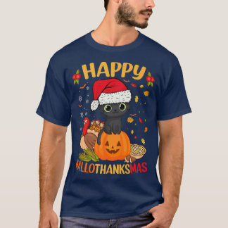 Happy HalloDankeMas Black Cat Weihnachtsmannmütze T-Shirt