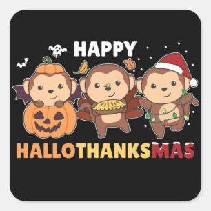 Happy Hallothanksmas Affen Weihnachtsaffe Squa Quadratischer Aufkleber