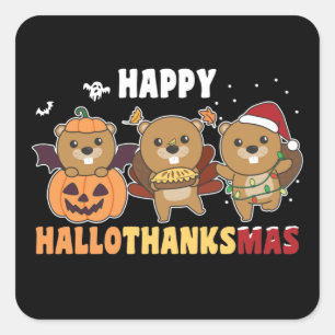 Happy Hallothanksmas Biber Weihnachtsbäume Quadratischer Aufkleber