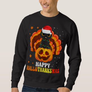 Happy Hallothanksmas Black Cat Lover Santa Pumpkin Sweatshirt