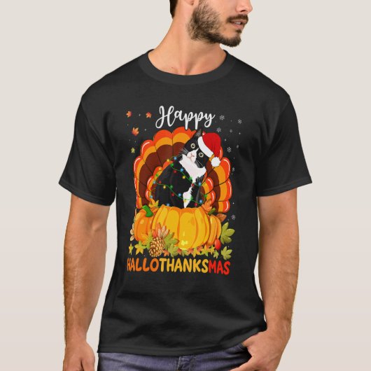 Happy Hallothanksmas Black Cat Pumpkin Weihnachtsm T-Shirt (Vorderseite)