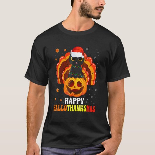 Happy Hallothanksmas Black Cat Santa Pumpkin Turke T-Shirt (Vorderseite)
