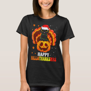 Happy Hallothanksmas Black Cat Santa Pumpkin Turke T-Shirt