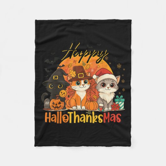 Happy Hallothanksmas Cat Halloween Danke Fleecedecke (Vorderseite)