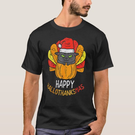 Happy Hallothanksmas Cat Turkey Cat Thanksgiving C T-Shirt (Vorderseite)