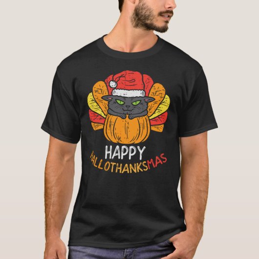 Happy Hallothanksmas Cat Turkey Cat Thanksgiving C T-Shirt (Vorderseite)
