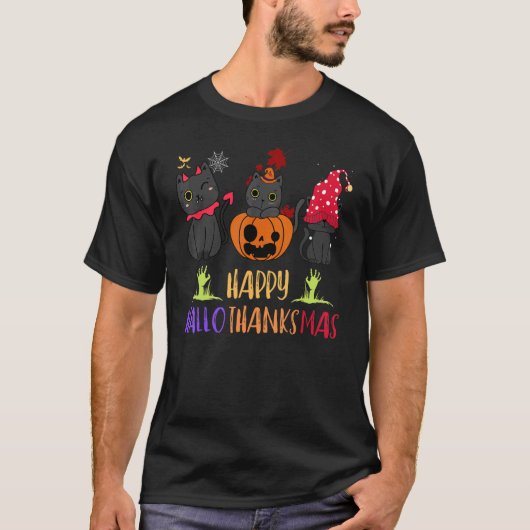 Happy Hallothanksmas Cat Vampire Weihnachtsmannmüt T-Shirt (Vorderseite)