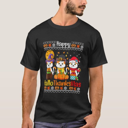 Happy HalloThanksMas Cats Fall Thanksgiving Chris T-Shirt (Vorderseite)