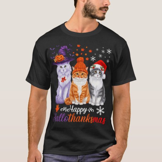 Happy Hallothanksmas Cats Halloween Erntedank C T-Shirt (Vorderseite)